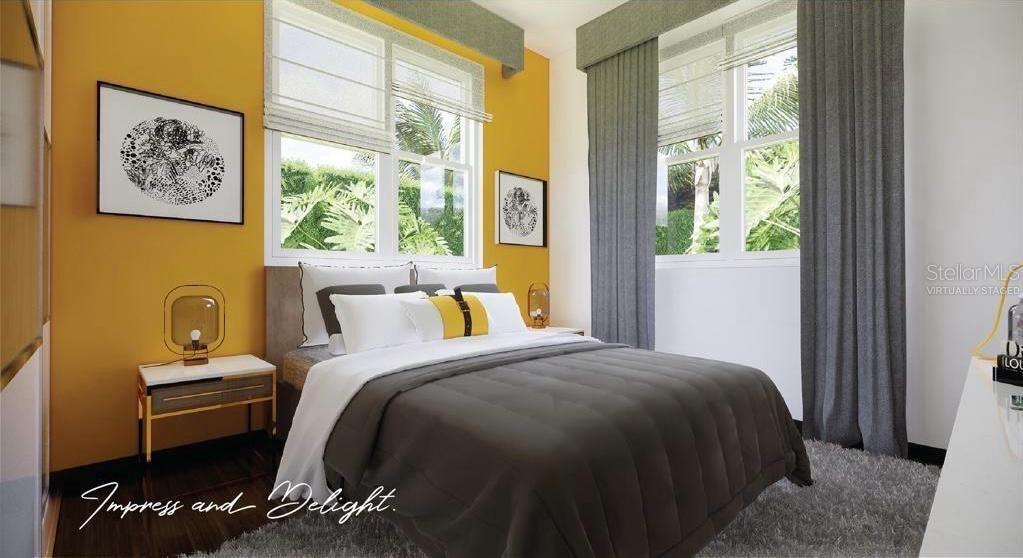 This is a rendering of a bedroom featuring yellow walls, a gray bed, and windows — L10 CARR. 14 BO CERRILLOS, PONCE, PR
