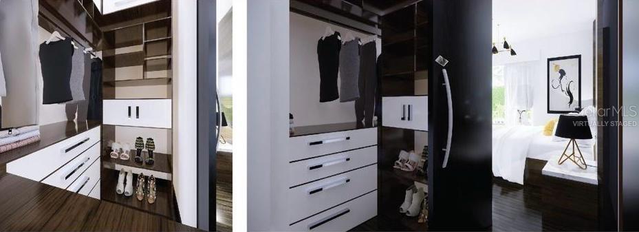This is a virtual rendering of a modern walk-in closet with dark wood cabinetry — L10 CARR. 14 BO CERRILLOS, PONCE, PR