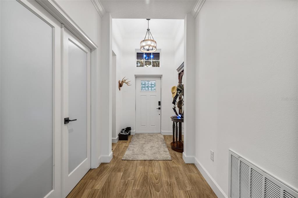 A bright entryway features wood-look tile flooring, a white front door, and a hanging chandelier — 4817 MILEY ROAD, PLANT CITY, FL