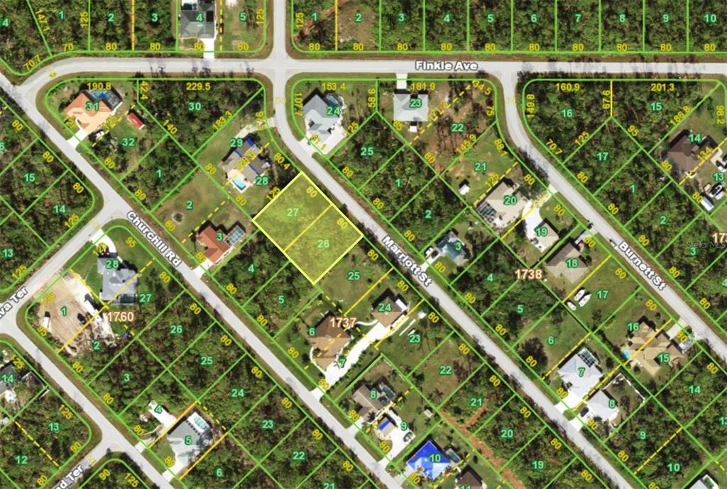 This is a satellite map view showing residential lots and streets in a neighborhood — 5153 MARRIOTT STREET, PORT CHARLOTTE, FL
