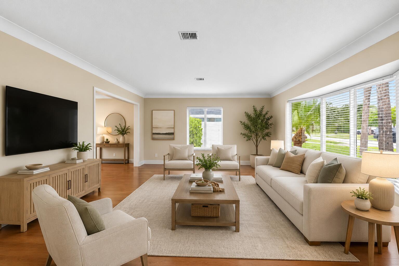 A bright living room features a beige sofa, armchairs, a wooden coffee table, and hardwood floors — 1375 SW 14th Avenue, Boca Raton FL 33486, BOCA RATON, FL
