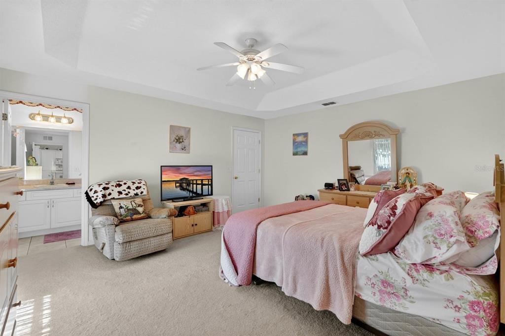 A carpeted bedroom features a tray ceiling, a ceiling fan, and an attached bathroom — 80 ROXBORO, PALM COAST, FL