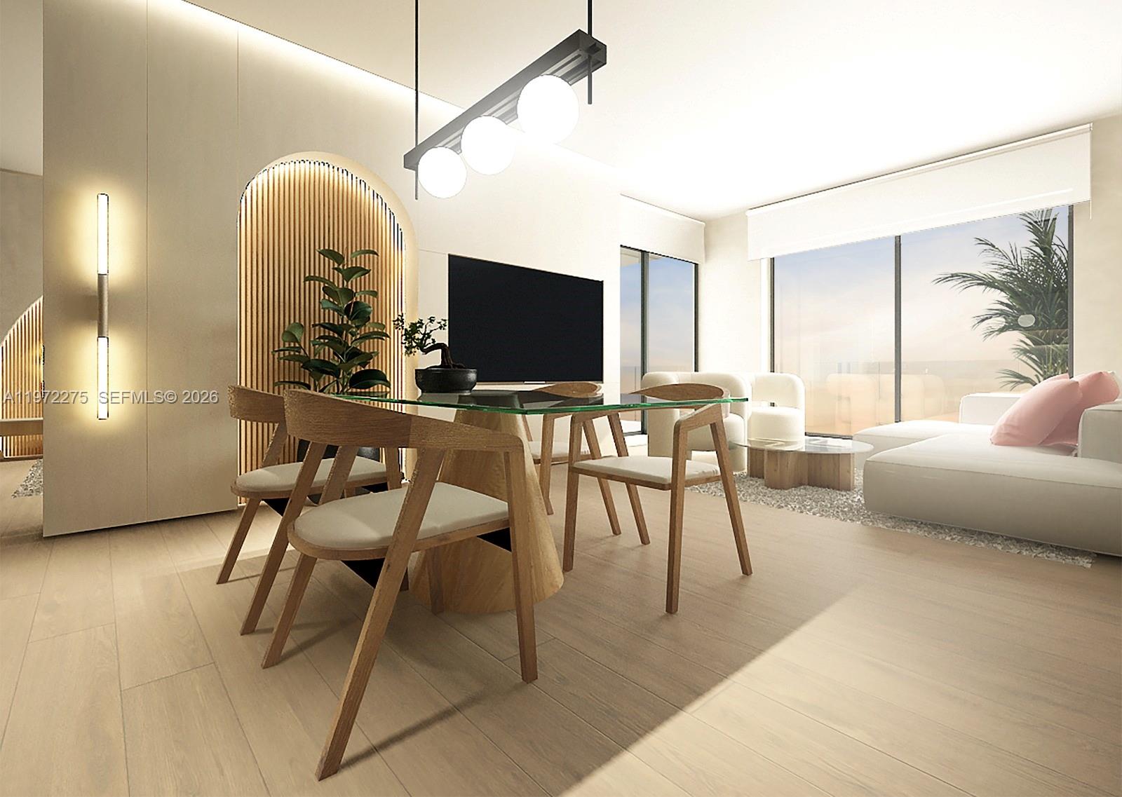 This rendering shows a modern dining area with a glass table and light wood accents — 895 NE 131 # 505, North Miami FL 33161, NORTH MIAMI, FL