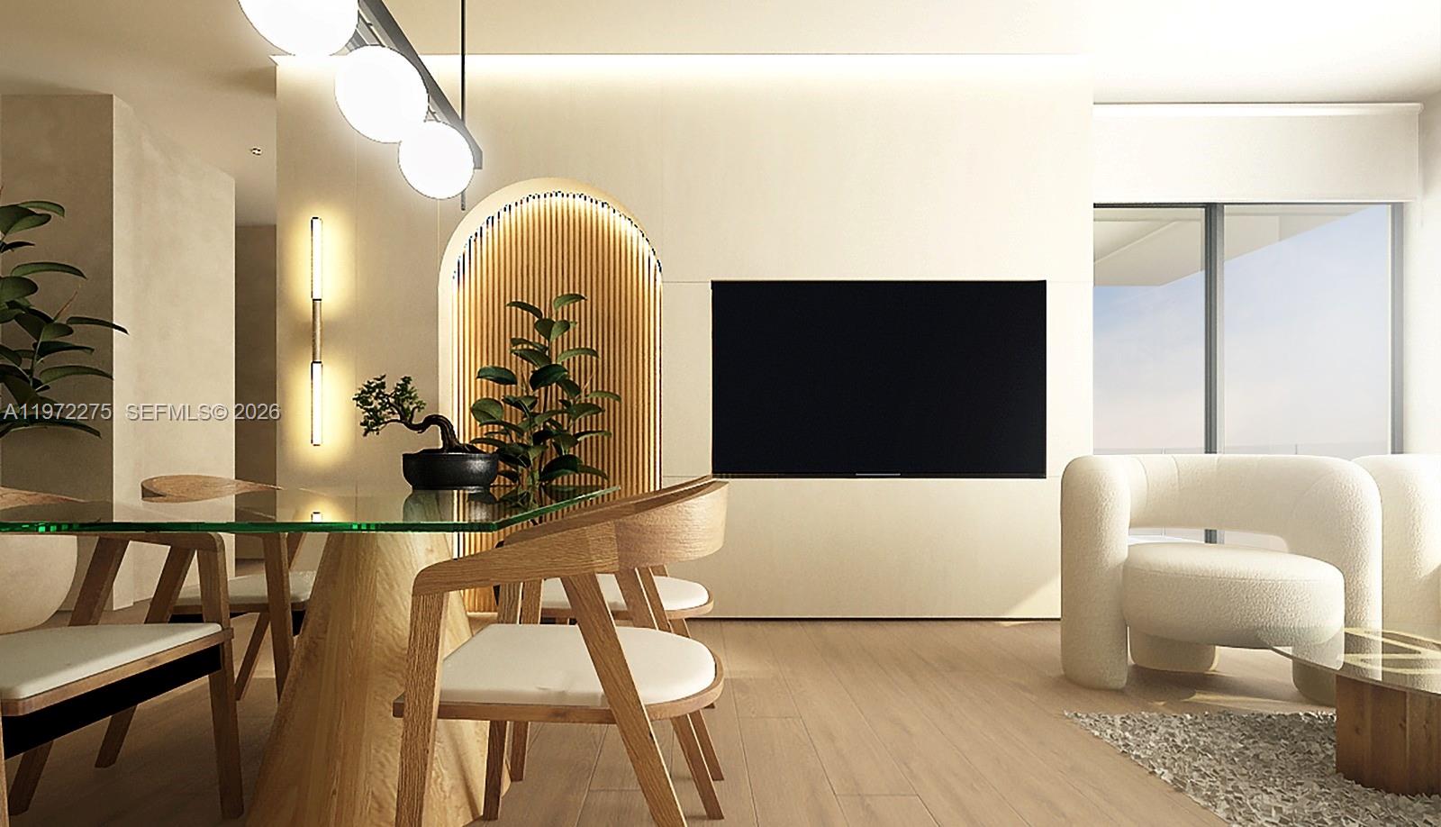 This is a rendering of a modern dining and living area with wood accents — 895 NE 131 # 505, North Miami FL 33161, NORTH MIAMI, FL