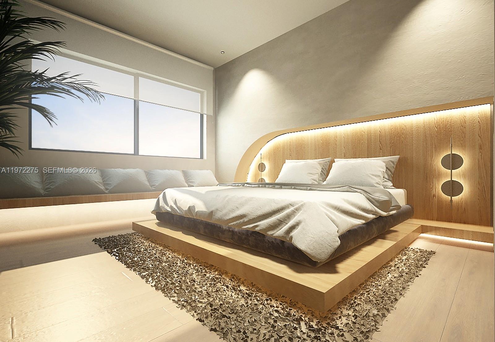 This is a rendering of a modern bedroom featuring a platform bed and wood paneling — 895 NE 131 # 505, North Miami FL 33161, NORTH MIAMI, FL