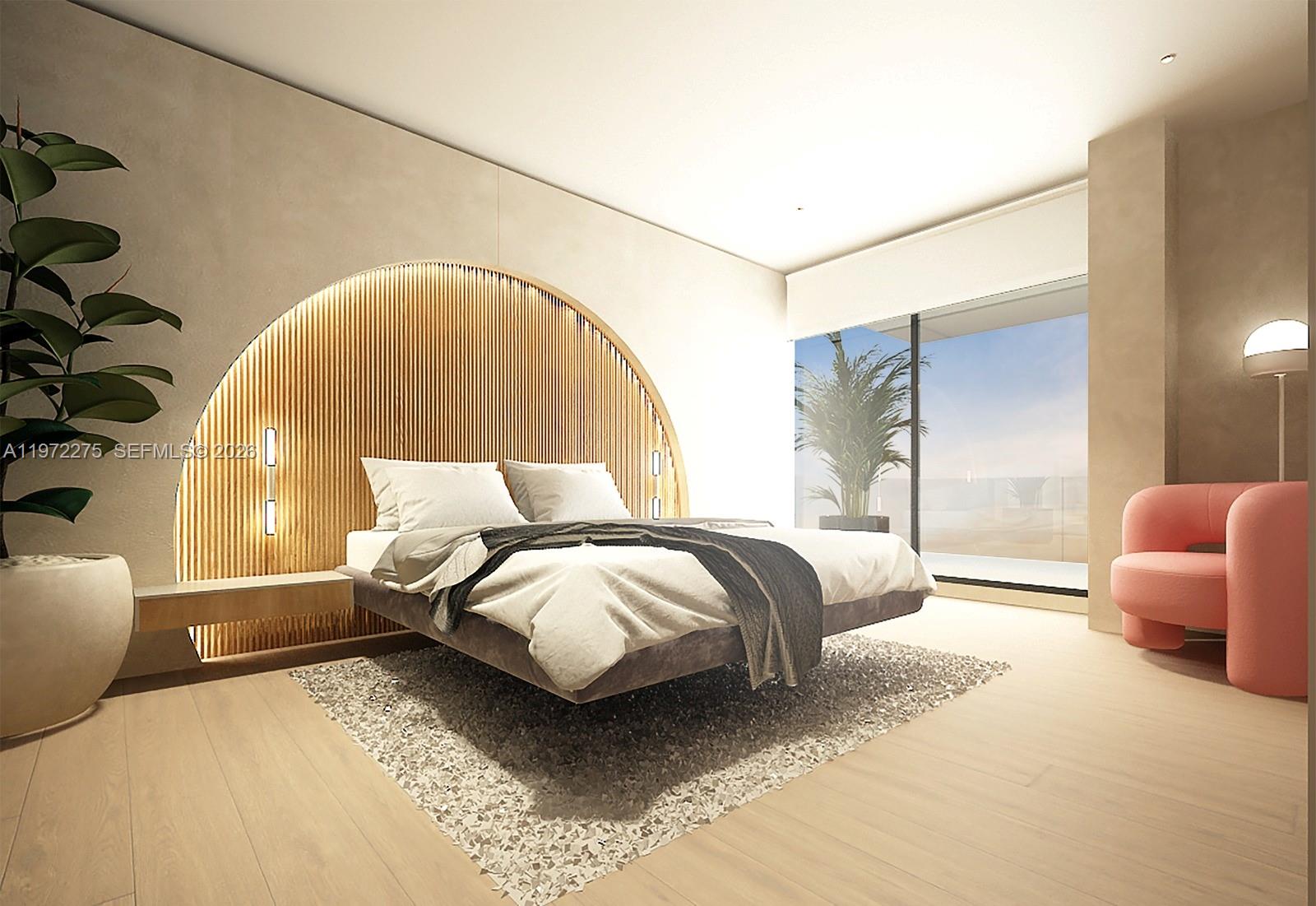 This rendering shows a modern bedroom with a semicircular wood-slatted headboard and a pink chair — 895 NE 131 # 505, North Miami FL 33161, NORTH MIAMI, FL