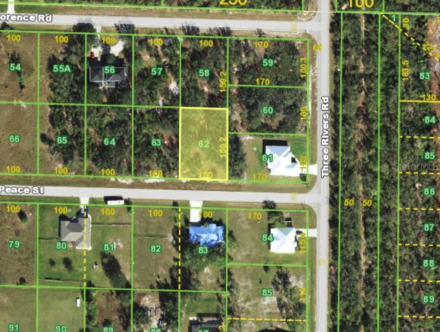 This is a satellite map view showing a highlighted vacant lot among residential properties — 31122 PEACE STREET, PUNTA GORDA, FL