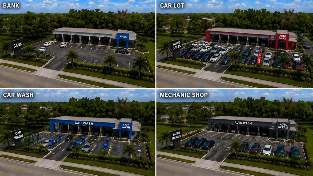 This rendering shows four different business concepts for the same commercial building and parking lot — 3570 TAMIAMI TRAIL, PORT CHARLOTTE, FL