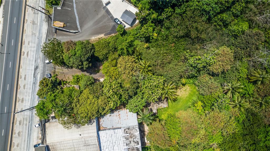 An aerial view shows a building with a metal roof adjacent to a wooded area — PR-1 KM 20.4, GUAYNABO, PR