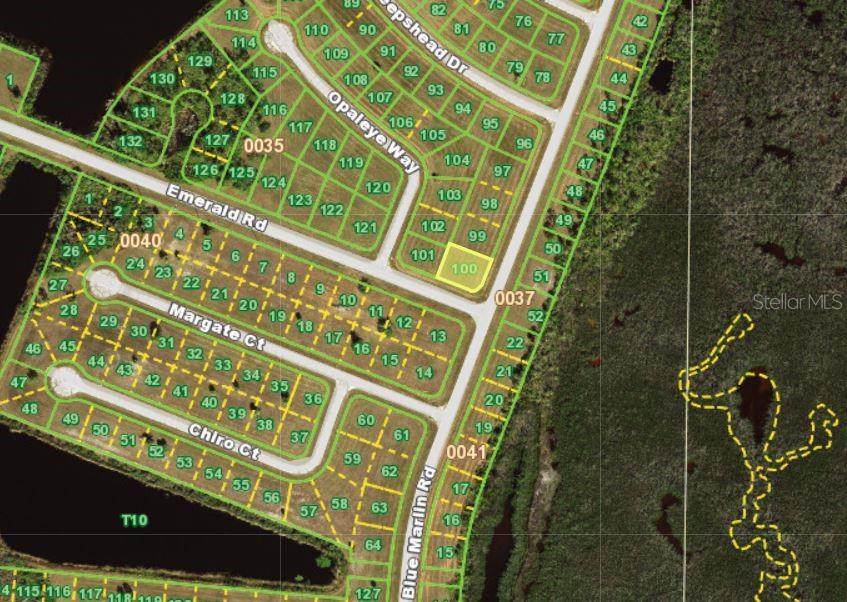 This is a satellite map showing a residential neighborhood layout with numbered lots and streets — 13111 BLUE MARLIN ROAD, PLACIDA, FL