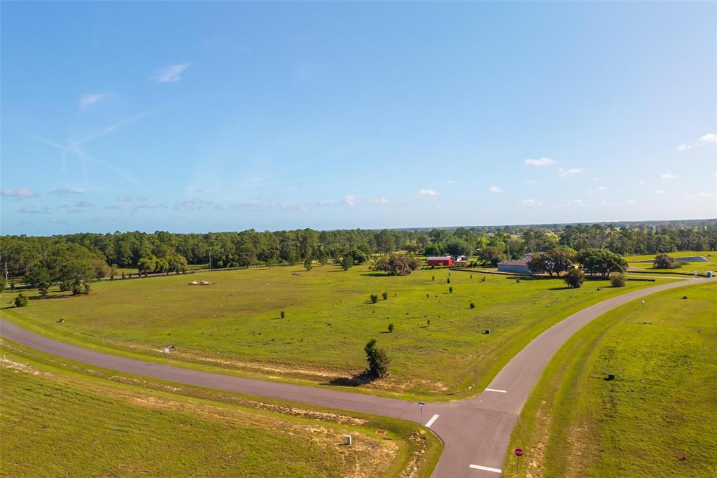 An aerial view shows a large, grassy vacant lot at a paved road intersection — 38529 WOODED MEADOW DRIVE, UMATILLA, FL