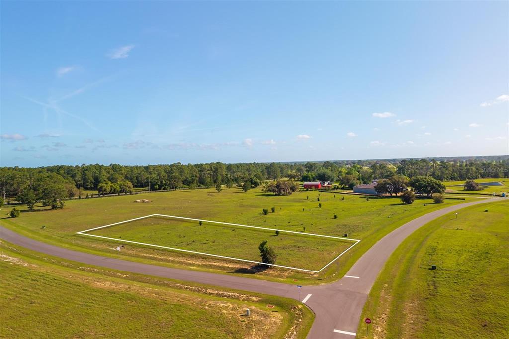An aerial view shows a vacant, rectangular lot outlined in white near a paved road — 38529 WOODED MEADOW DRIVE, UMATILLA, FL