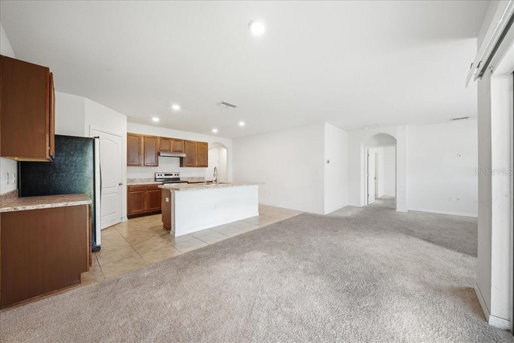 An open-concept kitchen with wood cabinets and an island overlooks a carpeted living area — 750 LAFAYETTE LANE, HAINES CITY, FL