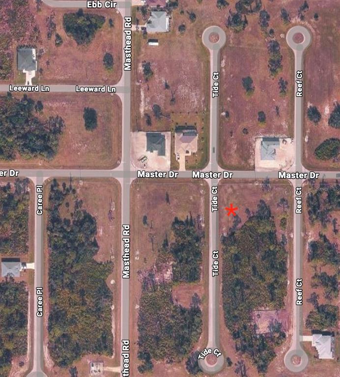 This aerial map shows a residential neighborhood with undeveloped lots and cul-de-sacs — 15 TIDE COURT, PLACIDA, FL