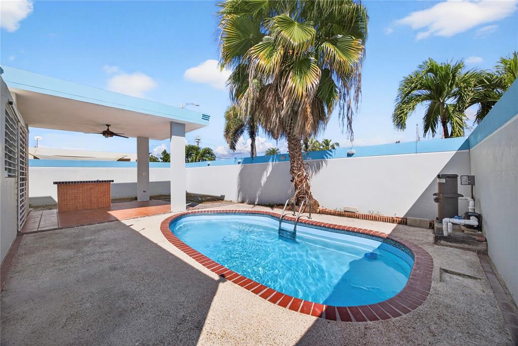 A backyard features a small kidney-shaped pool, a covered patio, and a palm tree — 757 ENRIQUE LAGUERRE, PONCE, PR