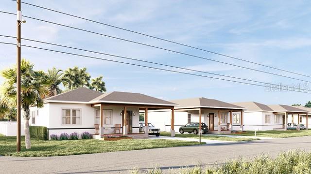 A digital rendering shows a row of identical single-story houses with covered front porches — 3201 W SAINT JOHN STREET, TAMPA, FL