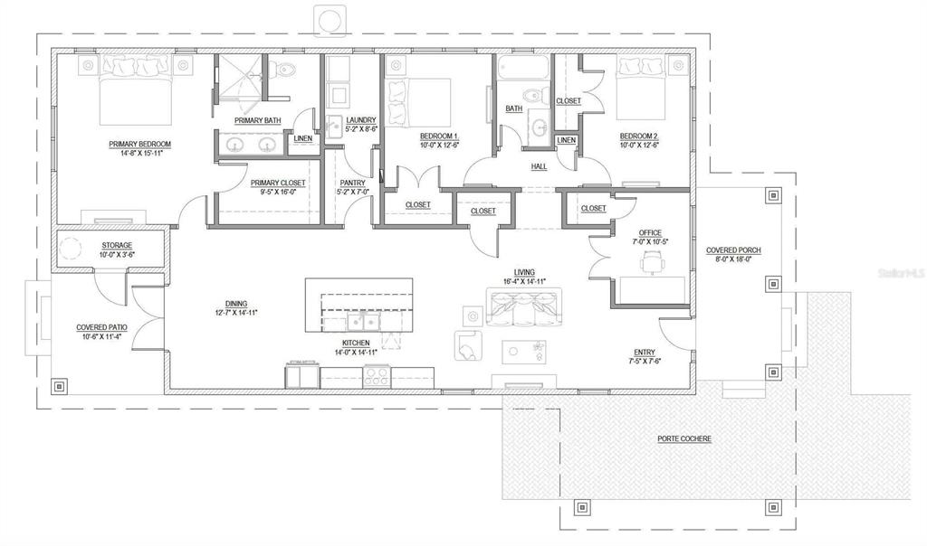 This floor plan shows a house layout with three bedrooms, an office, and a porte cochere — 3201 W SAINT JOHN STREET, TAMPA, FL
