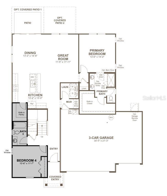 This floor plan shows a single-story home with a three-car garage and four bedrooms — 61 PONCE PRESERVE DRIVE, PALM COAST, FL
