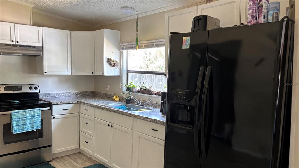 A kitchen features white cabinets, stainless steel appliances, a black refrigerator, and a window — 14902 NE 142ND STREET, WALDO, FL