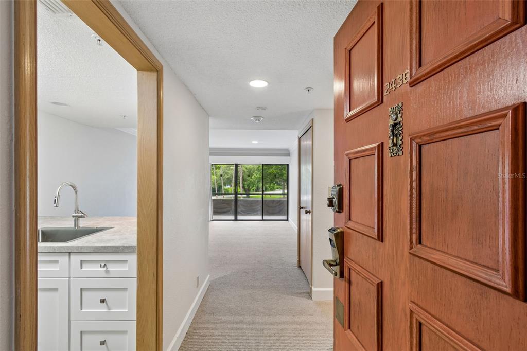 An entryway leads to a carpeted living area with sliding glass doors and a kitchen — 36750 US HIGHWAY 19 N UNIT 11206, PALM HARBOR, FL