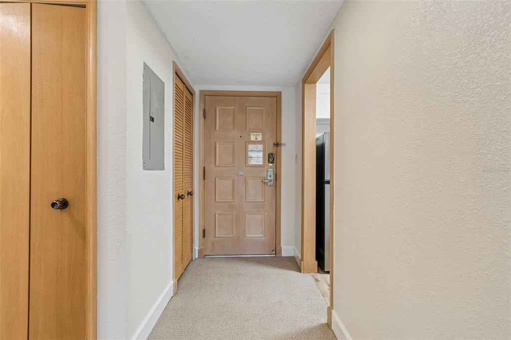 A carpeted entryway features a wooden front door, louvered closet doors, and a circuit breaker panel — 36750 US HIGHWAY 19 N UNIT 11206, PALM HARBOR, FL