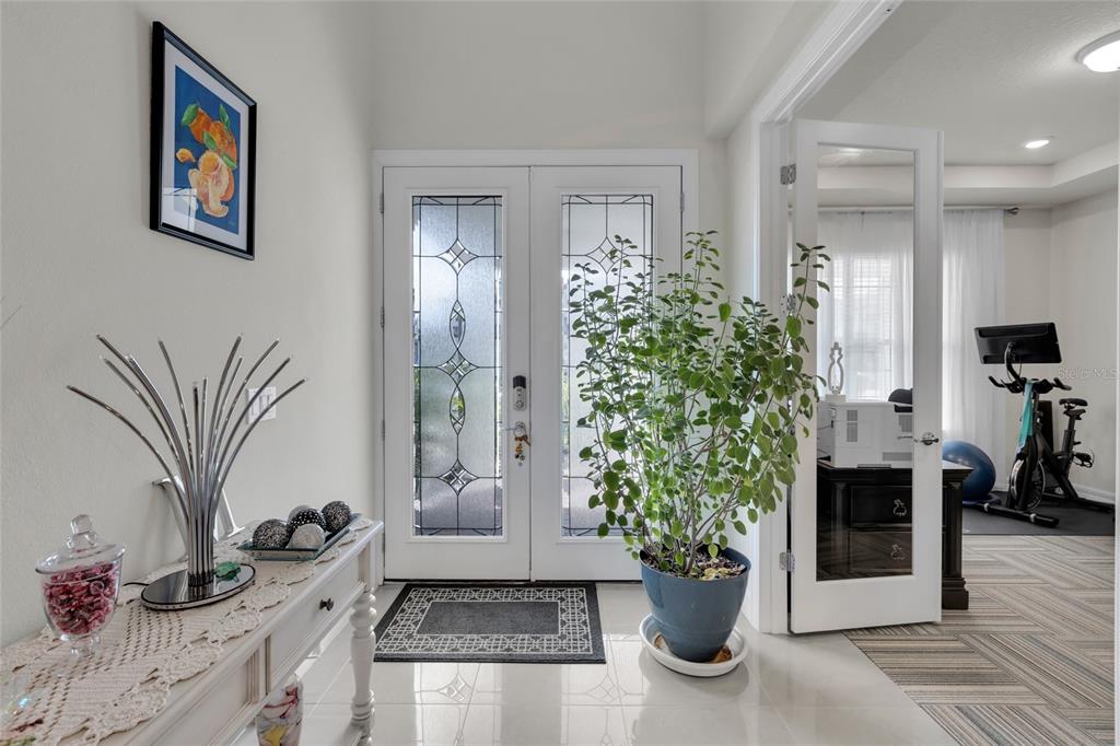 A bright entryway features double glass-paneled doors, a potted plant, and a console table — 7537 WANDERING WAY, ORLANDO, FL