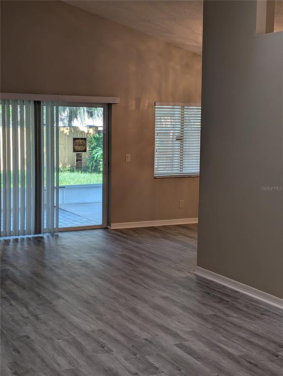 A living room features gray wood-look flooring, a sliding glass door, and a window — 4205 BARRET AVENUE, PLANT CITY, FL