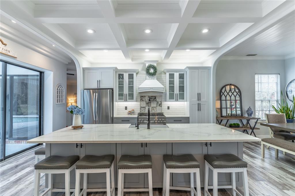 A modern kitchen features a large marble-topped island, white cabinetry, and a coffered ceiling — 23100 SE HIGHWAY 42, UMATILLA, FL