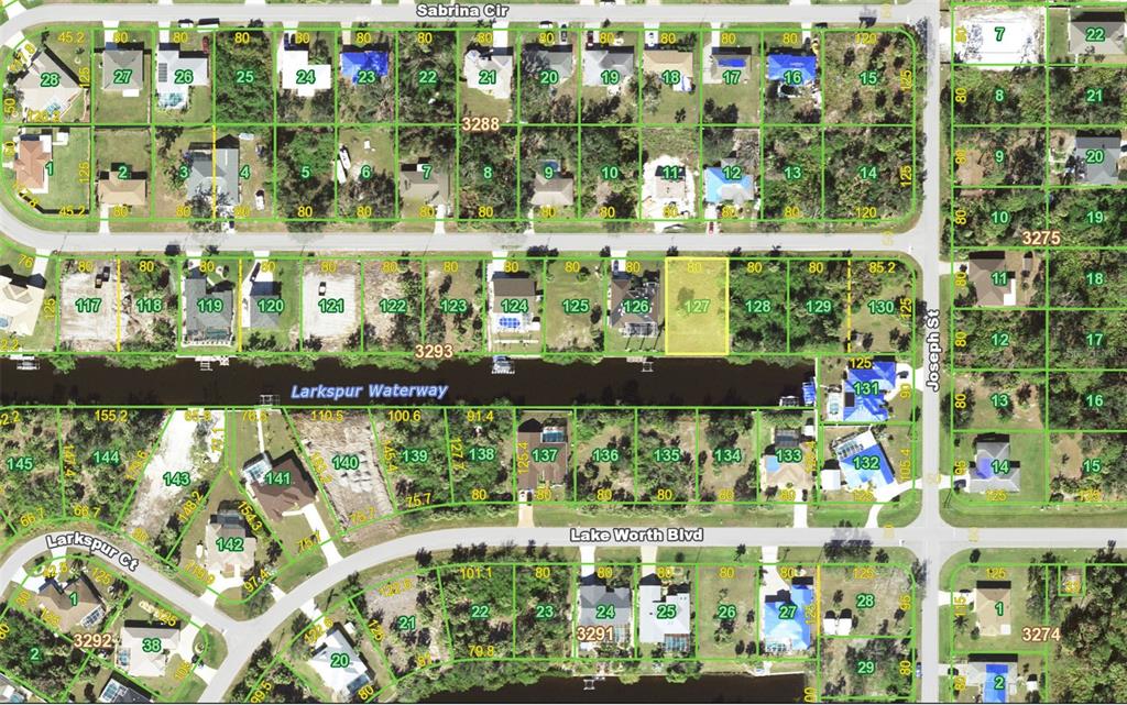 This is a map showing residential property lots along streets and a waterway — 17200 SABRINA CIRCLE, PORT CHARLOTTE, FL