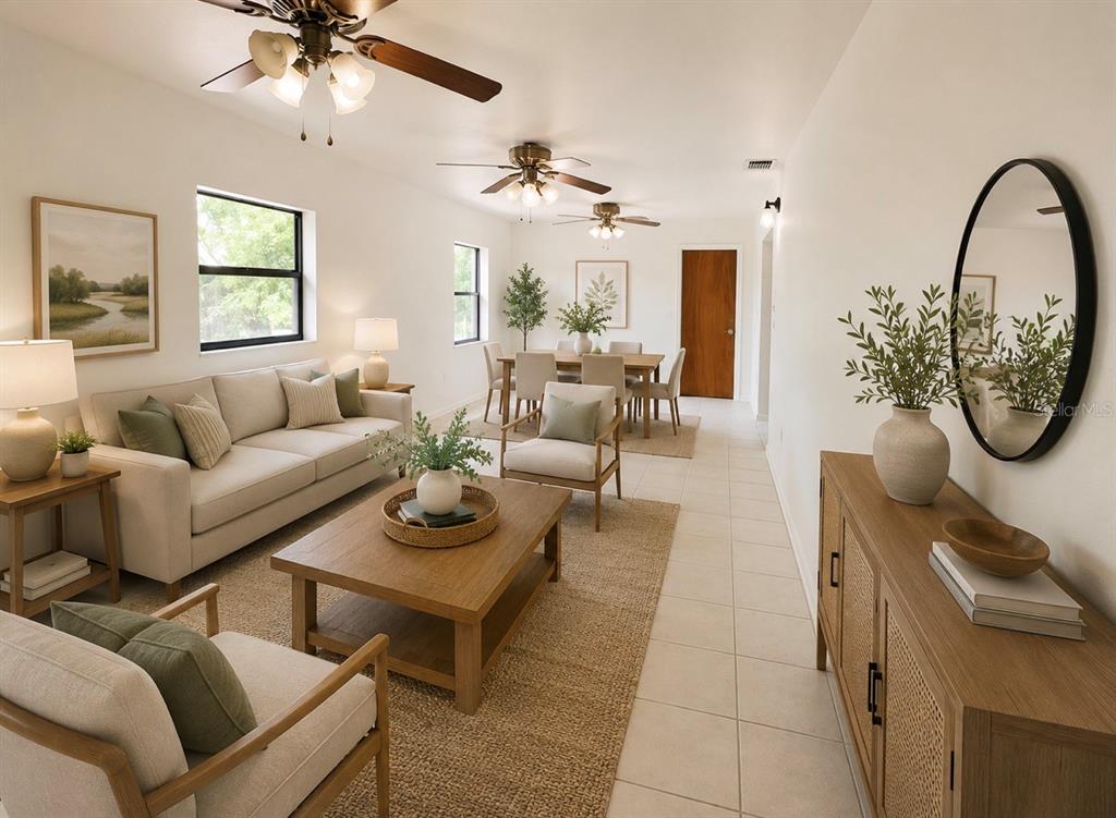 This is a digital rendering of an open-concept living and dining area with neutral furniture — 7310 FILBERT LANE, TAMPA, FL