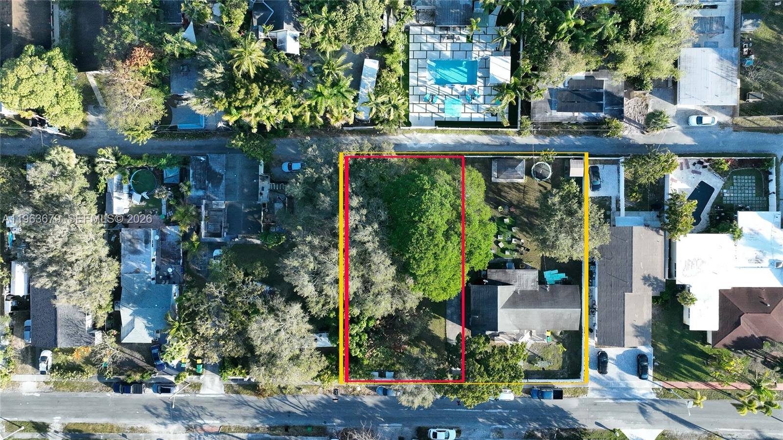 An aerial view shows a rectangular residential lot outlined in red and yellow — 228 SW 8th St, Dania Beach FL 33004, DANIA BEACH, FL