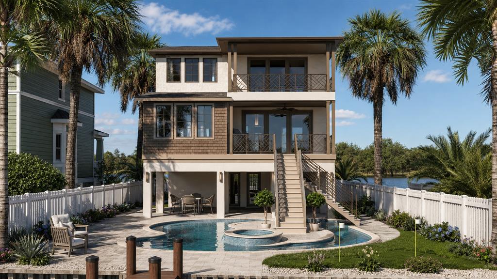 This rendering shows a three-story coastal house with a swimming pool and a backyard dock — 1213 BAY SHORE BOULEVARD, INDIAN ROCKS BEACH, FL