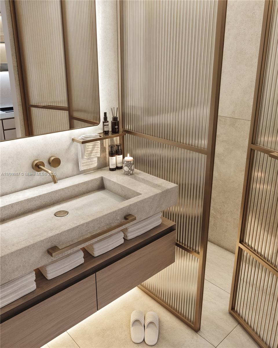 This rendering shows a modern bathroom with a stone sink, wood vanity, and fluted glass partitions — 1265 SW 22nd St # 507, Miami FL 33145, MIAMI, FL