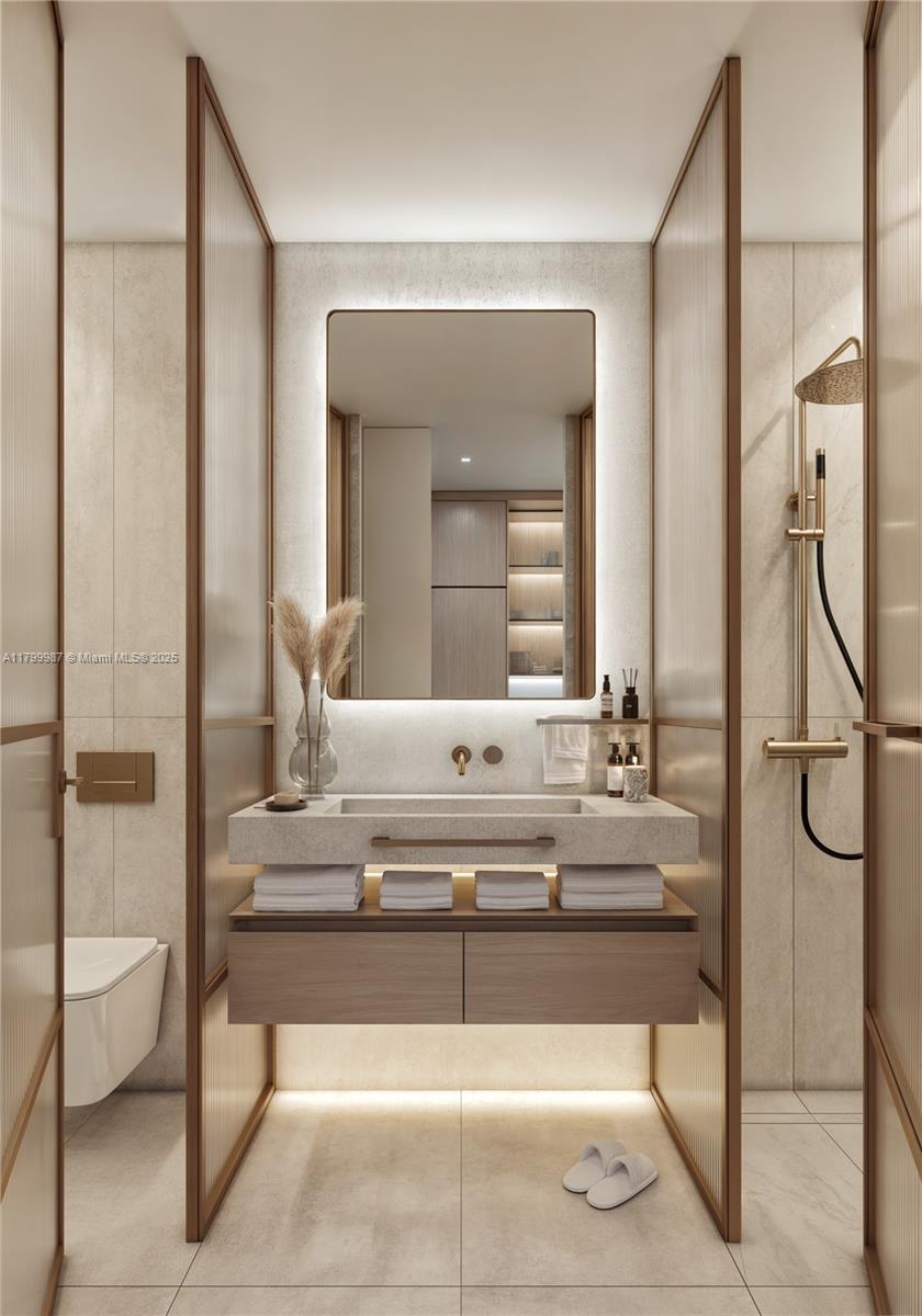 This is a rendering of a modern bathroom featuring a floating vanity and glass partitions — 1265 SW 22nd St # 507, Miami FL 33145, MIAMI, FL
