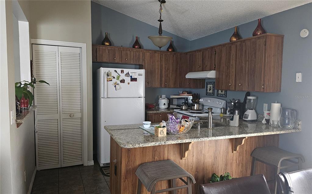 A kitchen features wood cabinets, granite countertops, a breakfast bar, and a white refrigerator — 9906 SURREY RIDGE ROAD, ORLANDO, FL