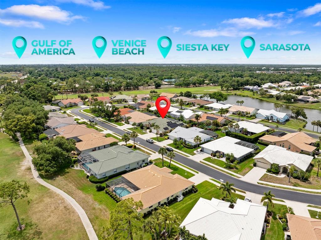 This aerial view shows a residential neighborhood with a red pin marking a specific house — 1543 WATERFORD DRIVE, VENICE, FL