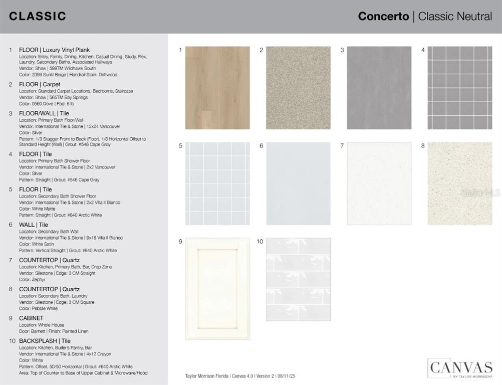 This document displays a design selection board featuring various flooring, tile, countertop, and cabinet finishes — 13332 SANTINI CIRCLE, ENGLEWOOD, FL