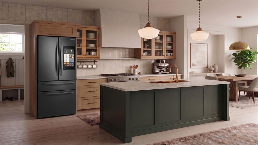This kitchen rendering features wood cabinets, a dark green island, and a smart refrigerator — 1010 S ELM AVENUE, SANFORD, FL