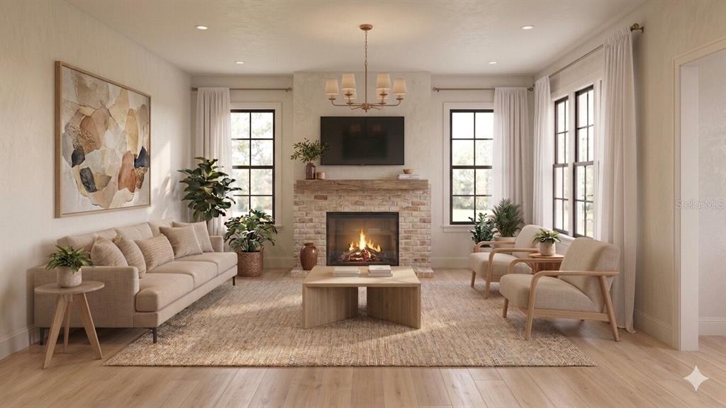 This is a rendering of a living room featuring a fireplace, sofa, and two armchairs — 1010 S ELM AVENUE, SANFORD, FL