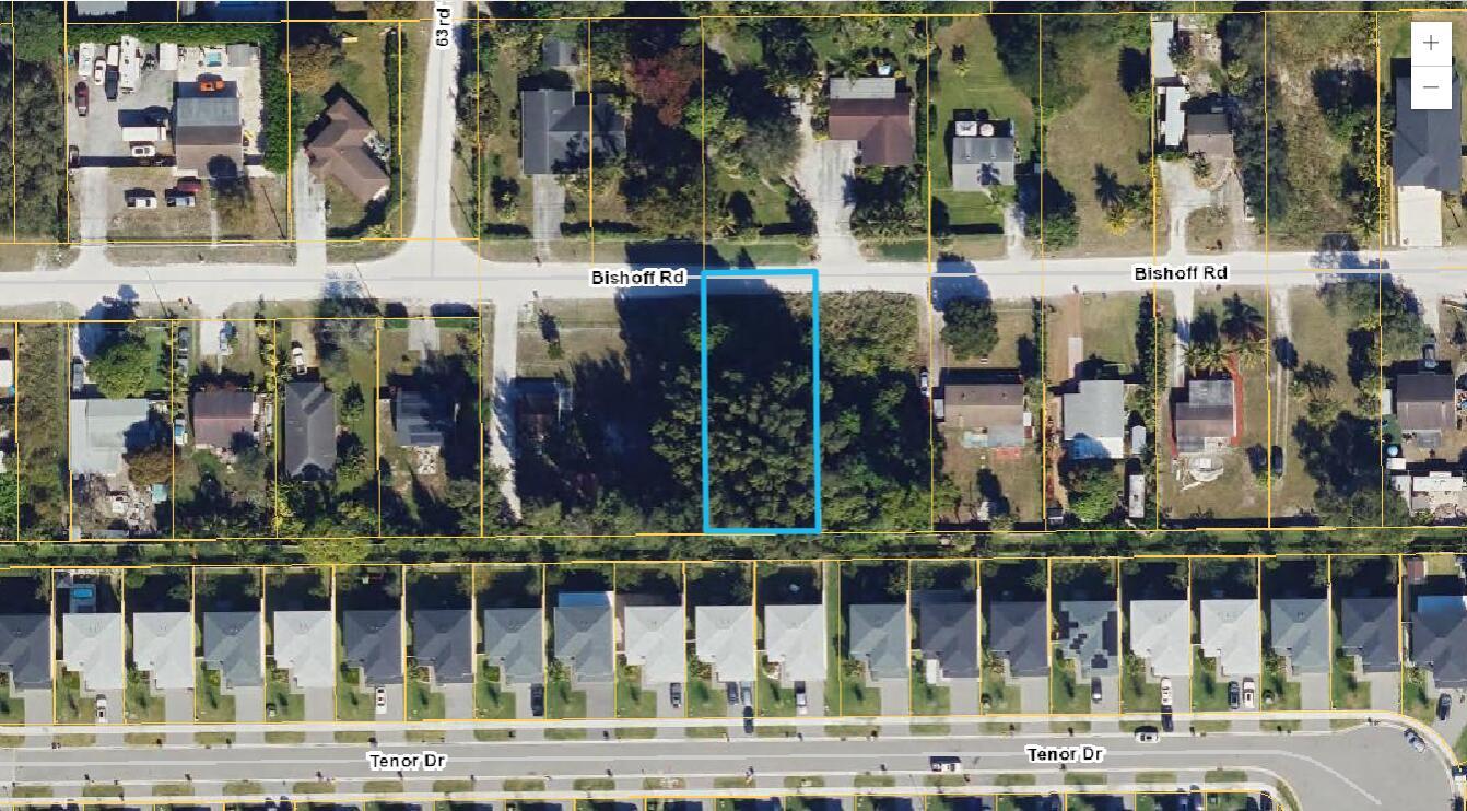 An aerial map view shows a vacant, tree-covered rectangular lot bordered by residential streets — 0 Bischoff Road, West Palm Beach FL 33413, WEST PALM BEACH, FL