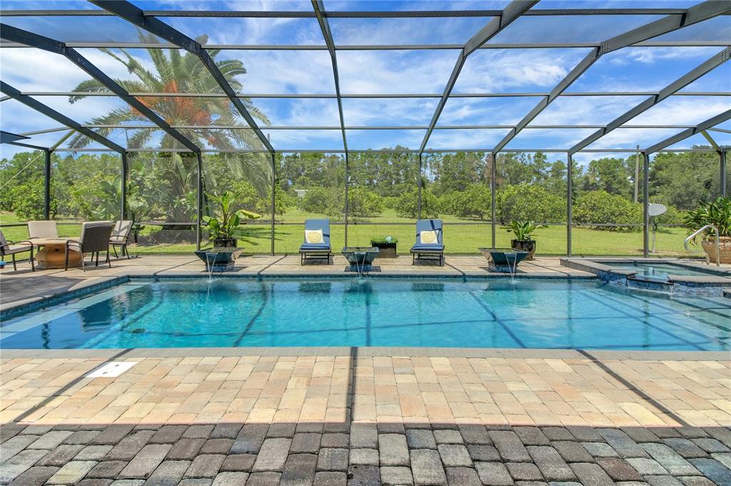 A screened-in swimming pool and spa area with patio furniture and a view of trees — 16982 SE HIGHWAY 42, WEIRSDALE, FL