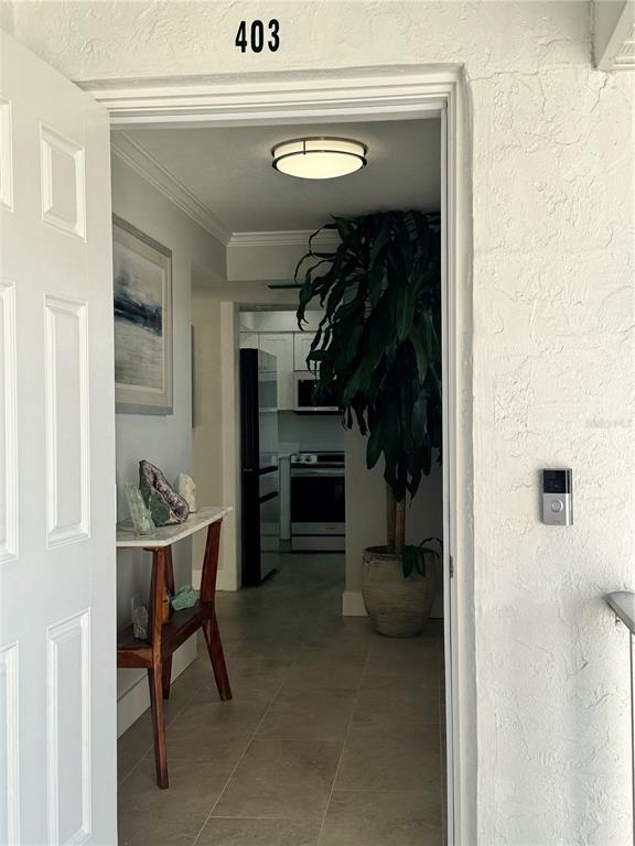 An entryway leads into a kitchen featuring a large potted plant and a console table — 102 46TH AVENUE TERRACE W UNIT 403, BRADENTON, FL