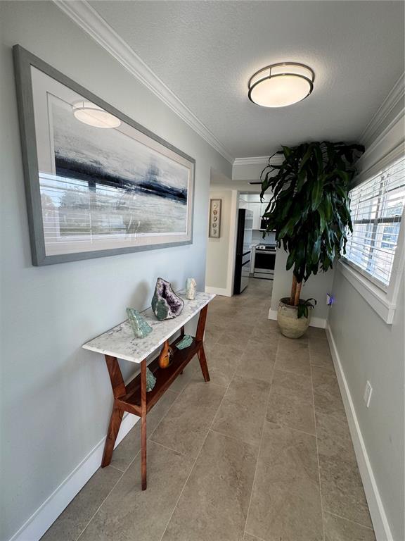 A hallway features a marble-topped console table, a large potted plant, and framed wall art — 102 46TH AVENUE TERRACE W UNIT 403, BRADENTON, FL