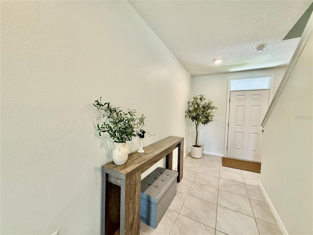 An entryway features a wood console table, a grey storage ottoman, and a potted tree — 30807 PENNY SURF LOOP, WESLEY CHAPEL, FL