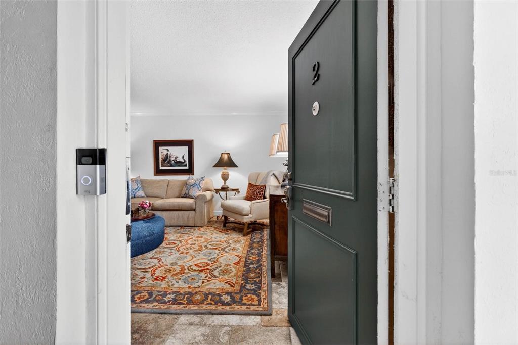 A view through an open dark green door into a living room with patterned carpet — 1065 EDEN ISLE BOULEVARD NE UNIT 2, ST PETERSBURG, FL