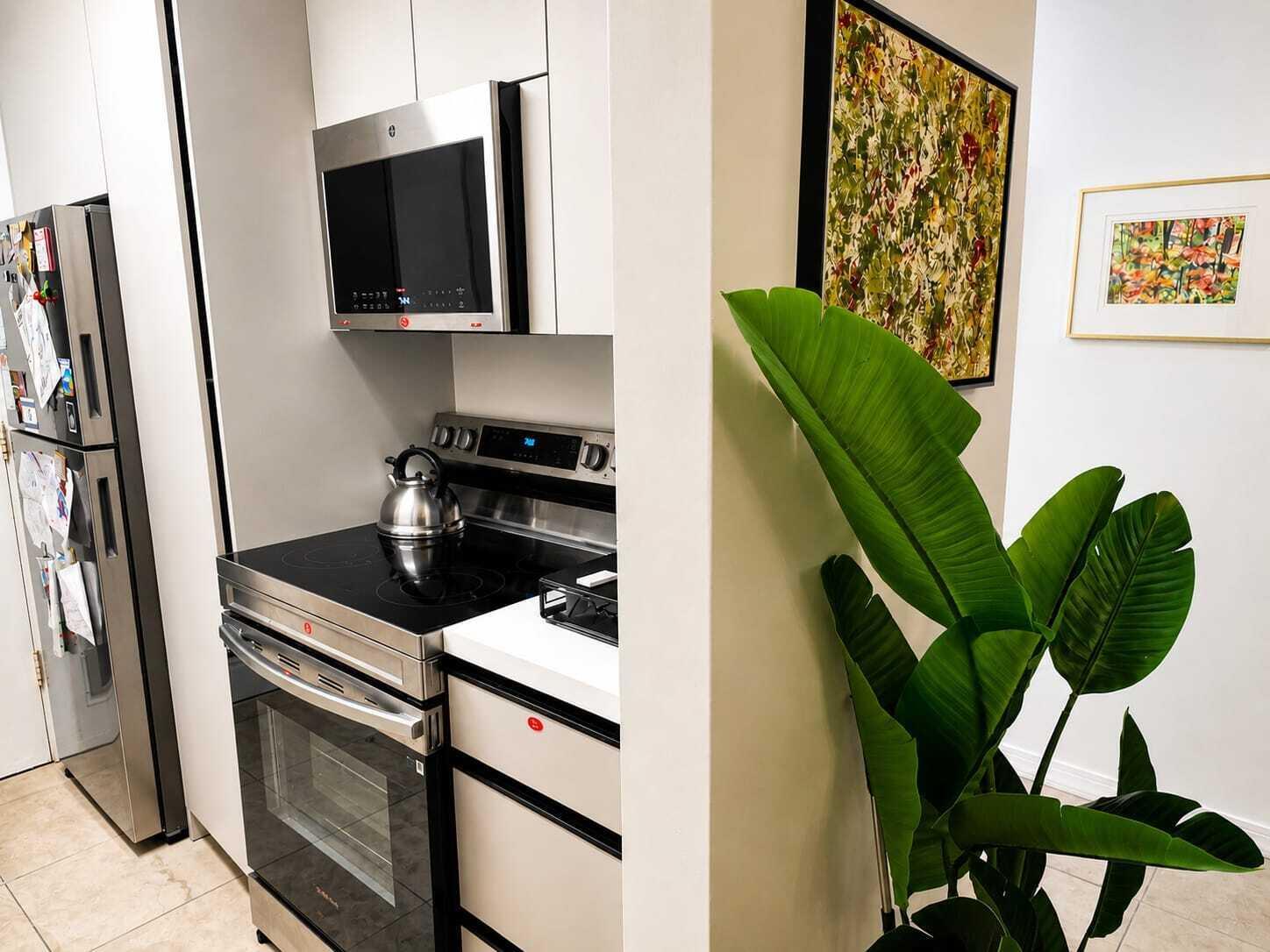 A kitchen features stainless steel appliances, white cabinetry, and a large potted plant nearby — 16900 NE 14th Avenue # 115, Miami FL 33162, MIAMI, FL