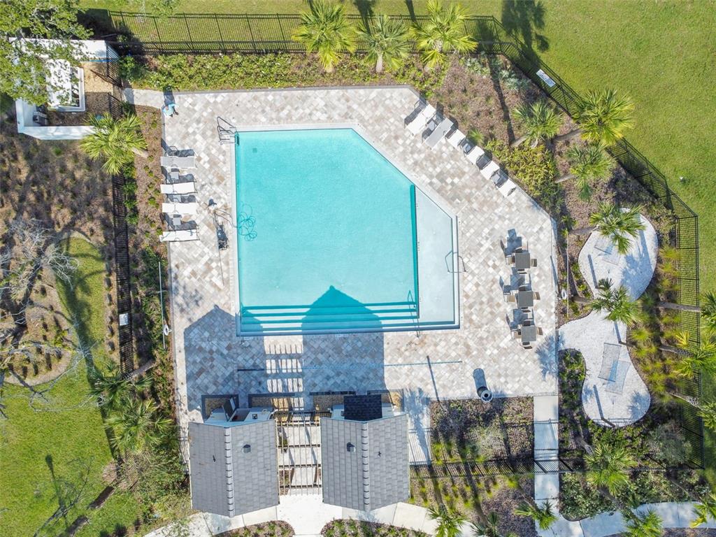 An aerial view shows a swimming pool with a sun shelf, lounge chairs, and cabanas — 34214 CINDER WAY, WESLEY CHAPEL, FL