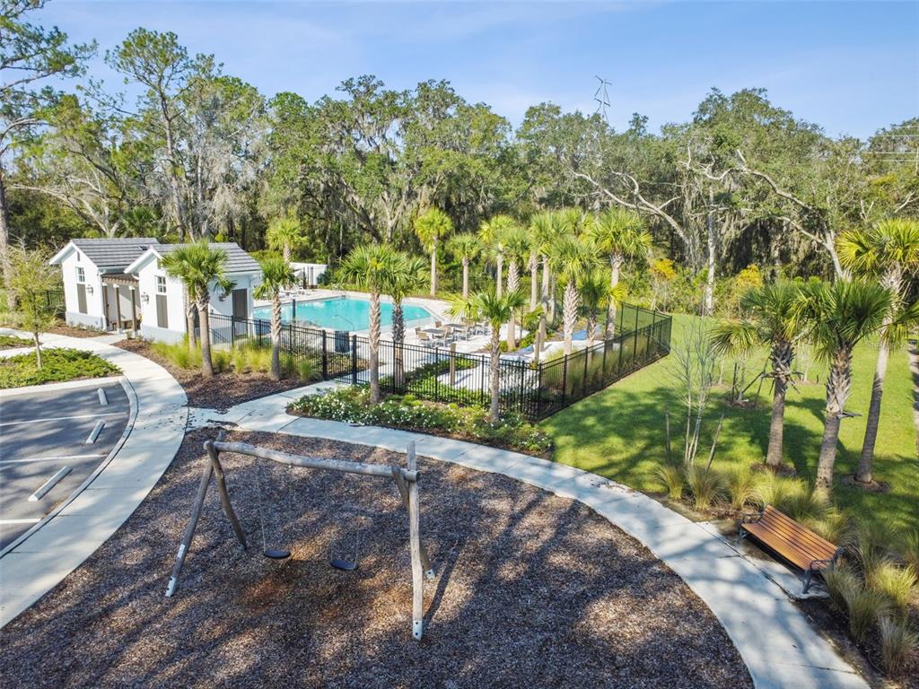 An outdoor community area features a swimming pool, a playground with swings, and palm trees — 34214 CINDER WAY, WESLEY CHAPEL, FL
