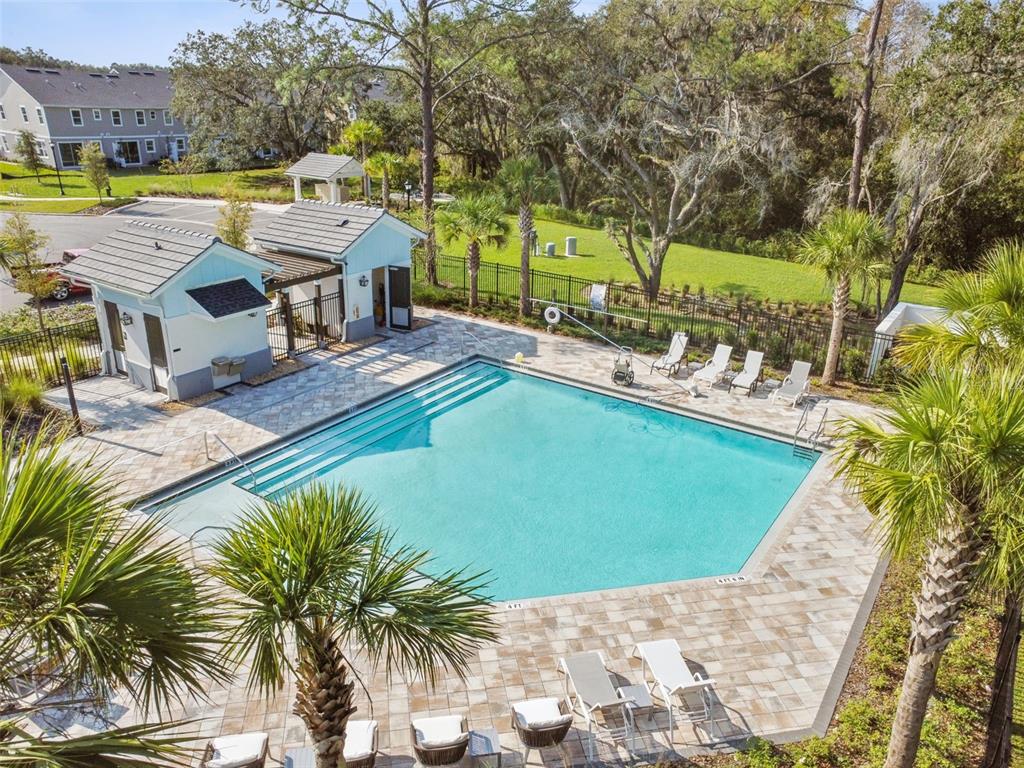 An aerial view of a rectangular swimming pool with lounge chairs and a small building — 34214 CINDER WAY, WESLEY CHAPEL, FL