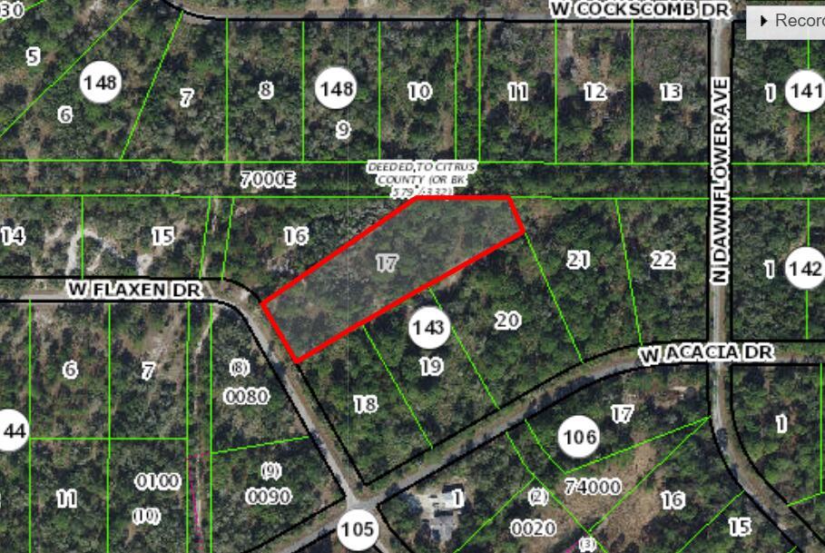 This is a satellite map showing a vacant, wooded residential lot outlined in red — 11991 W Flaxen Drive, FL 34428, FL